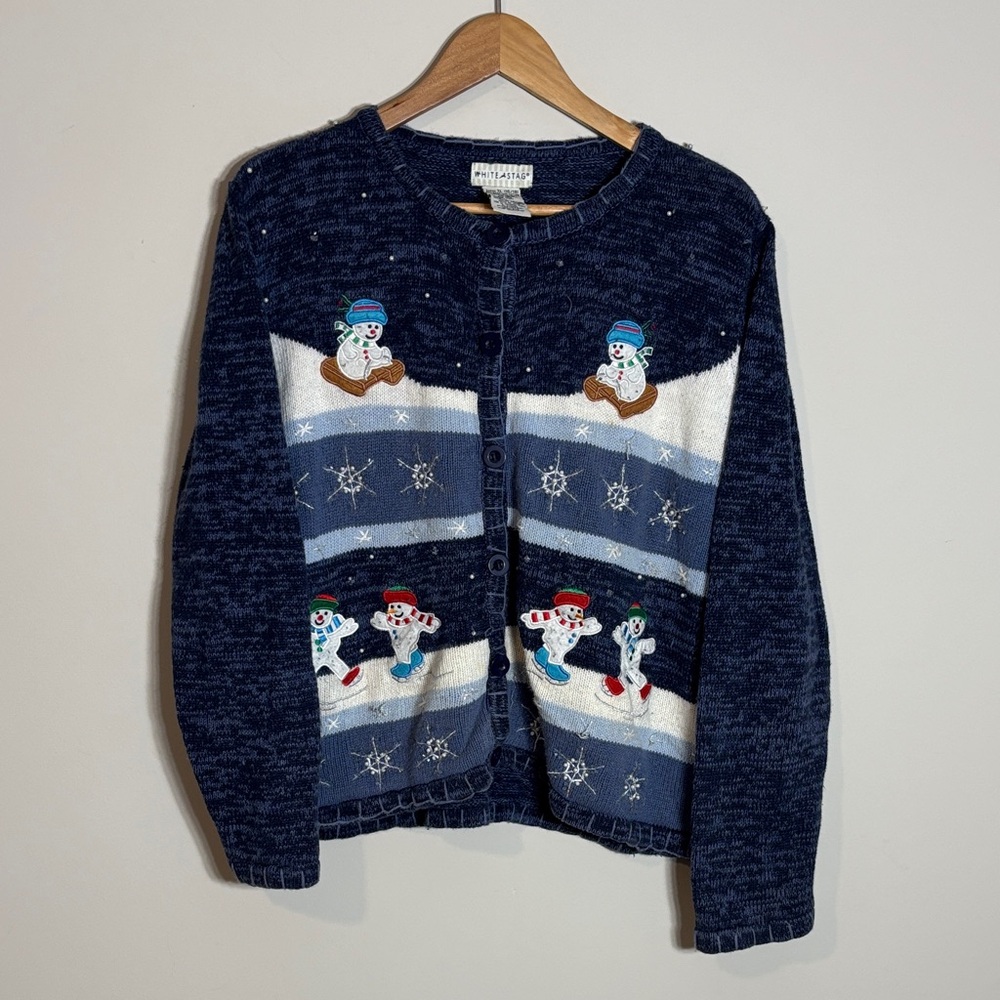 Vintage White Stag Winter Snowman Button Up Cardigan Sweater XL